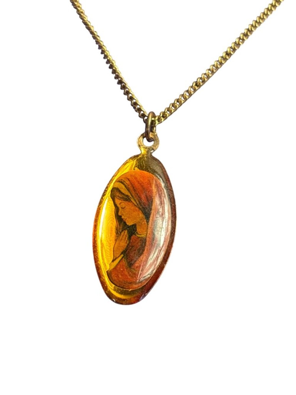 Praying Portrait Oval Pendant Necklace Goldtone 18 Inches 1 1/8 Pendant